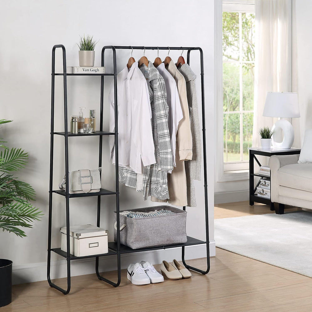 SunnyPoint Open Closet Garment Rack with 4-Tier Shelves & Bottom Storage ...