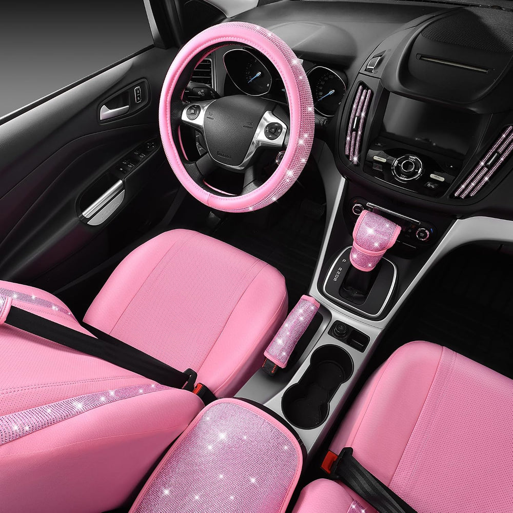 CAR PASS 24 PCS Pink Bling Diamond Accessories Set for Women, Leather Seat Co...