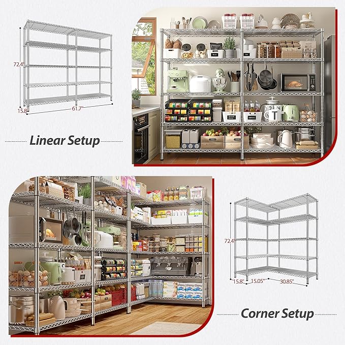 REIBII 1500LBS Storage Shelves 61.7''W Wire Shelving Unit 5 Tier Meta...