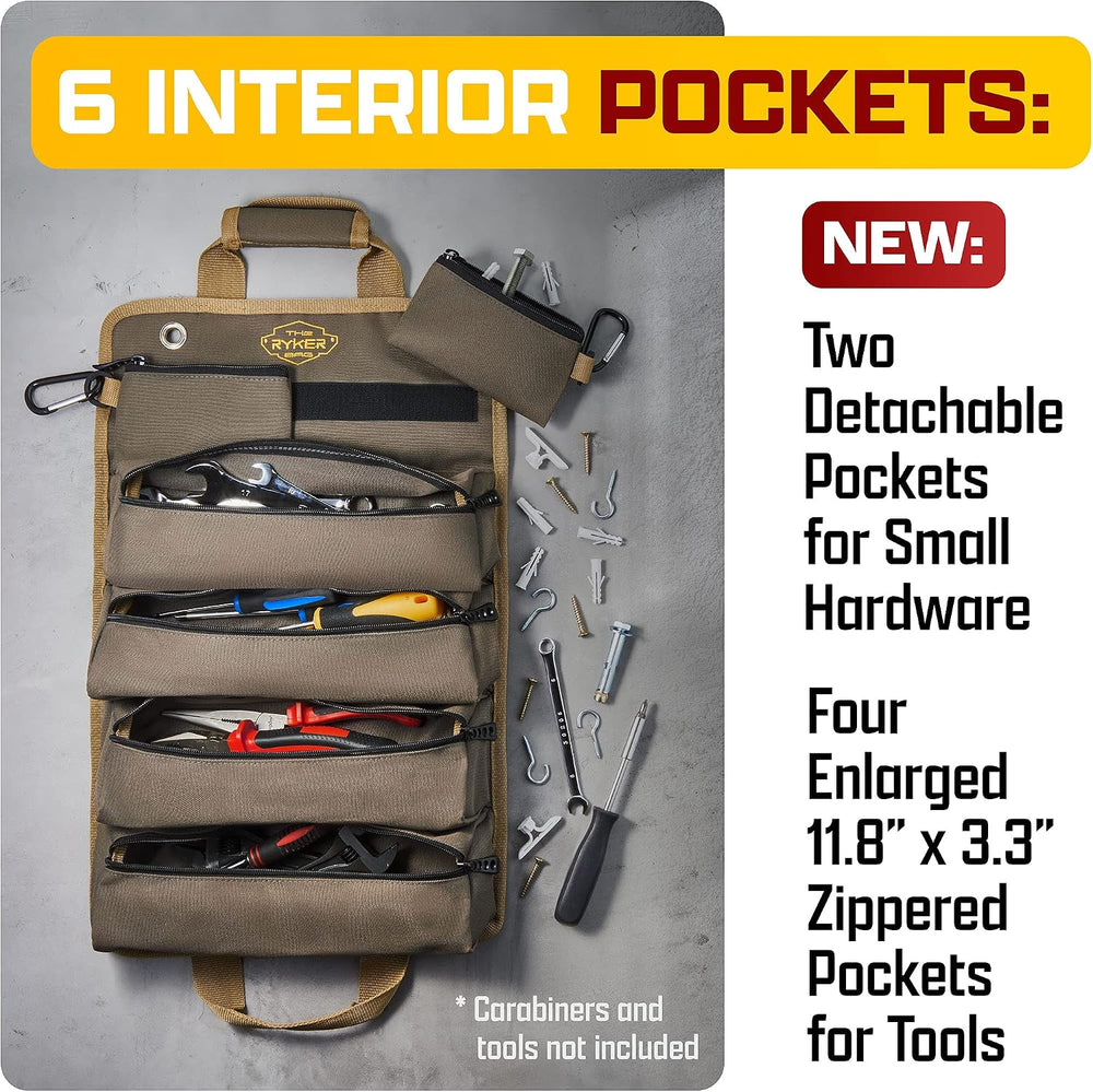 Ryker Heavy Duty Roll Up Tool Bag Organizer w/Detachable Pouches, Gift Men