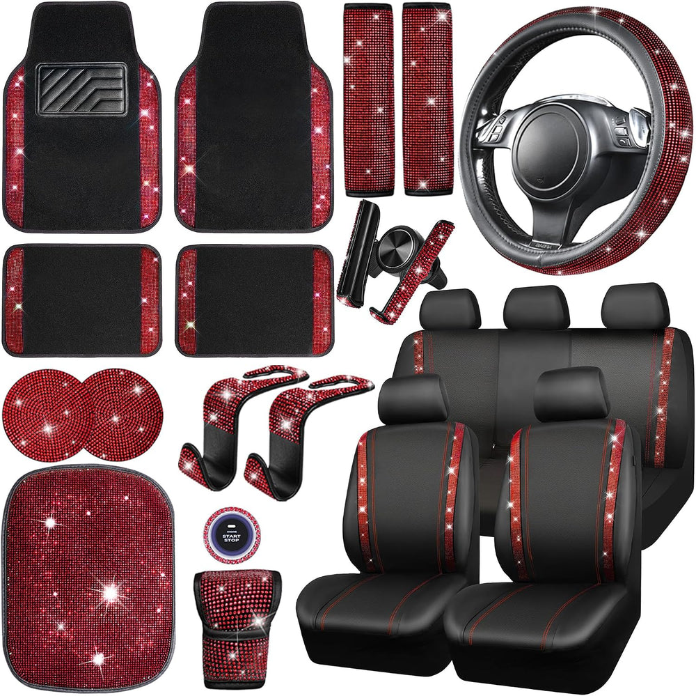 CAR PASS 23 PCS Bling Diamond Car Accessories Set for Women, Leather Car Seat...