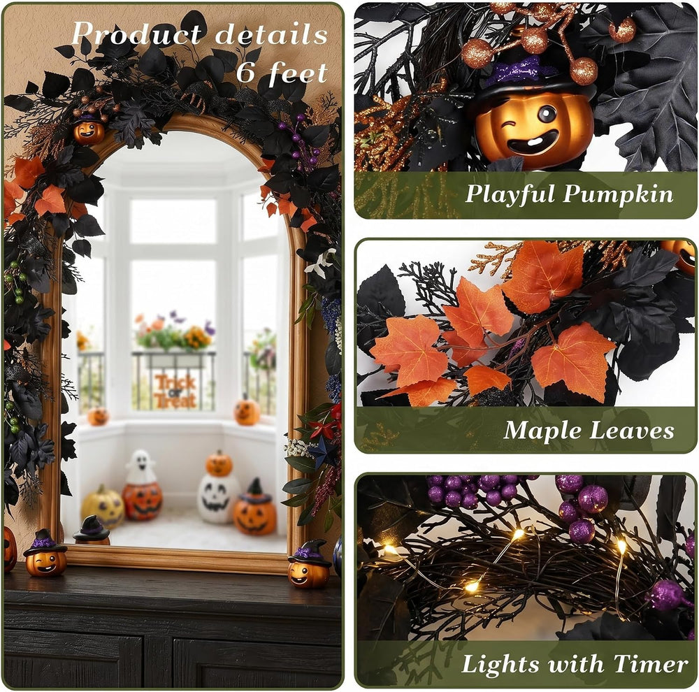 DecorbyHannah 6ft Halloween Garland for Mantle with Lights Pumpkin Decor