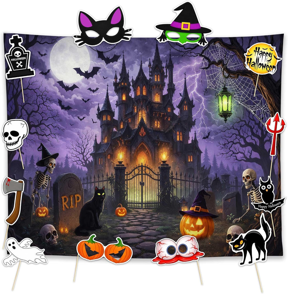 Allenjoy 118" x 95" Halloween Castle Photography Backdrop with Phot...