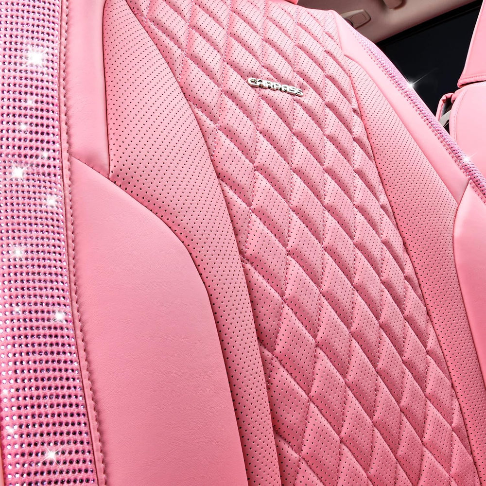 CAR PASS Pink Nappa Leather Car Seat Covers for Full Seats, Bling Diamond Wat...
