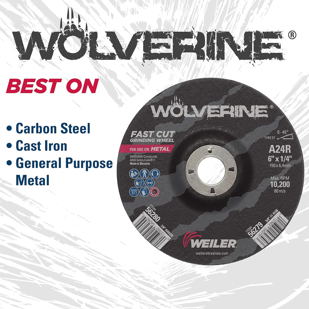 Weiler 56280 6" X 1/4" Wolverine Type 27 Grinding Wheel, A24R, 7/8&...
