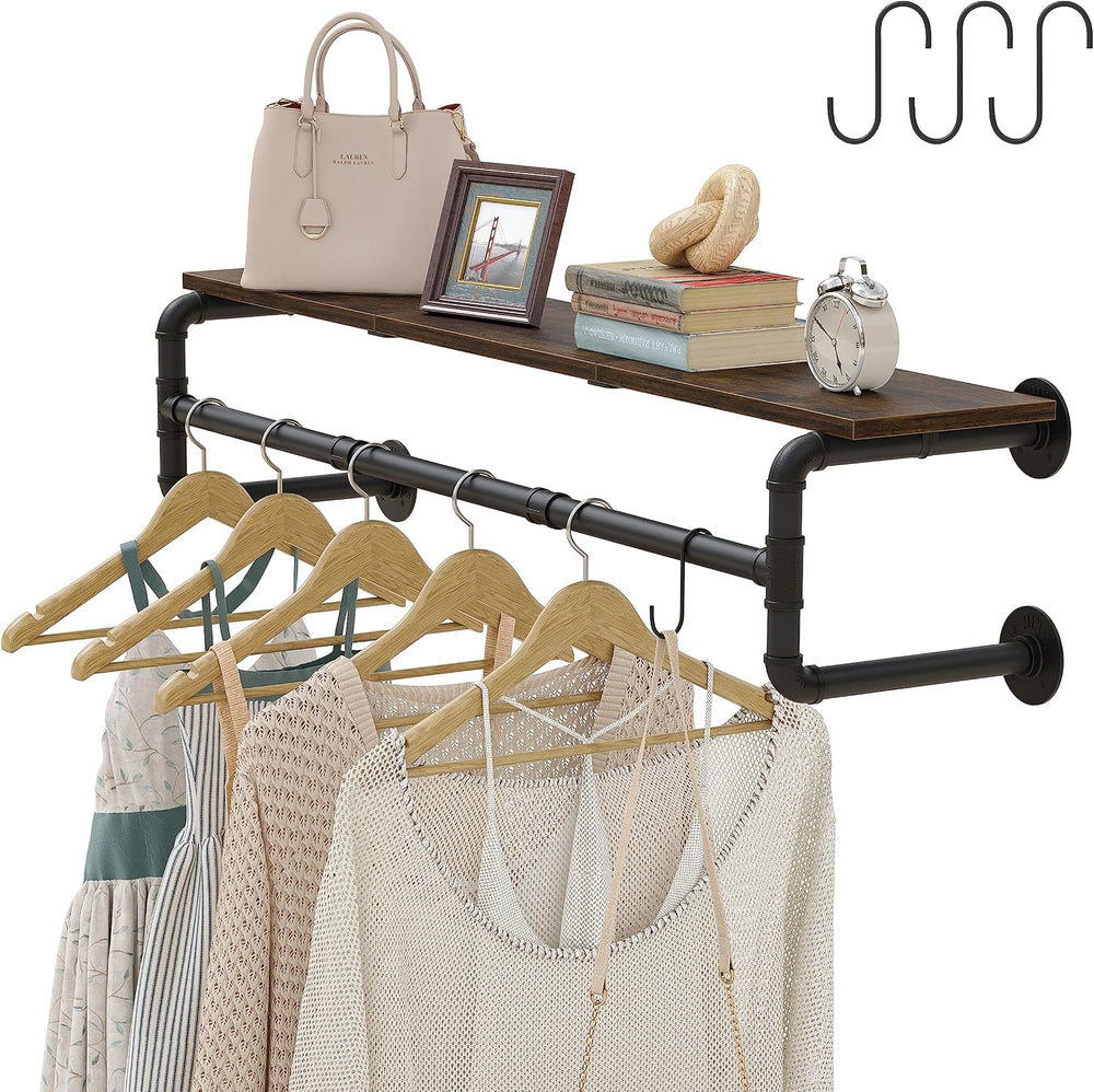 Industrial Pipe Clothes Rack with Top Shelf and 3 Hooks, 41''L Wall M...