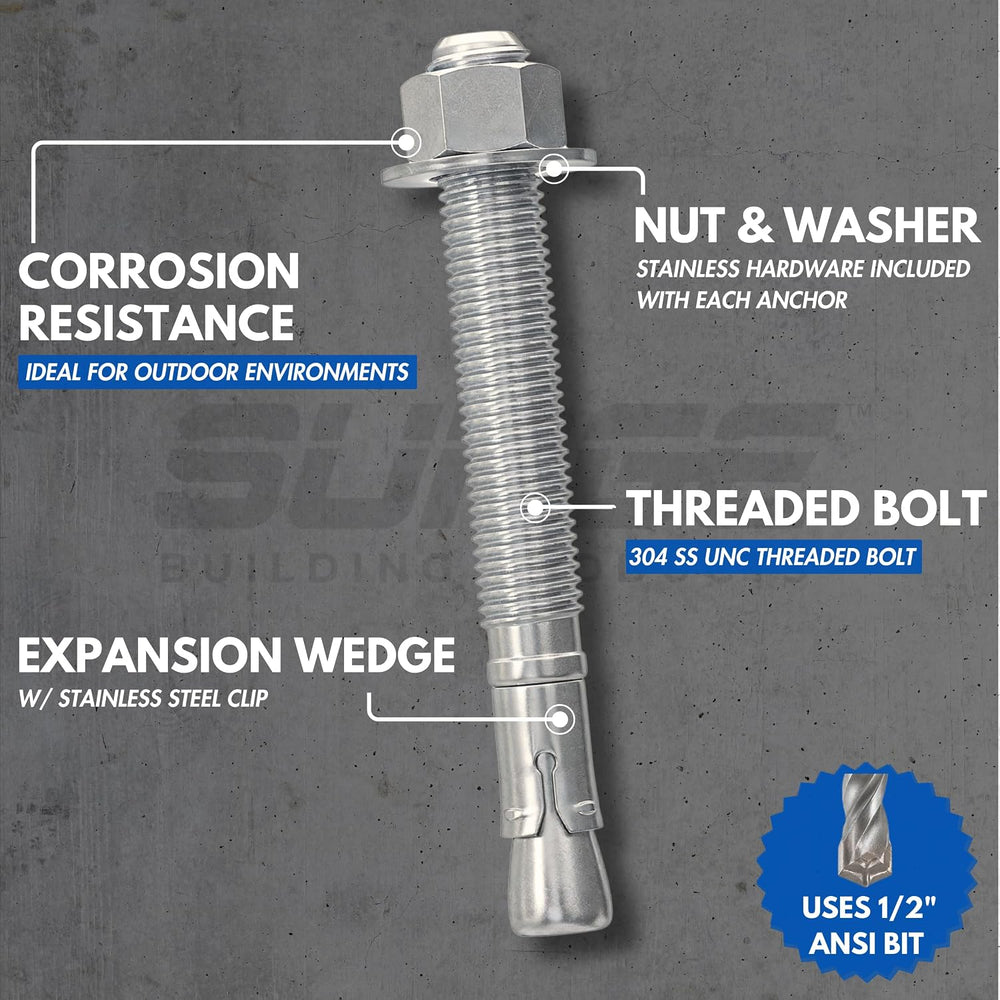 1/2" X 5-1/2" 304 Stainless Steel Wedge Anchors for Concrete (Box o...