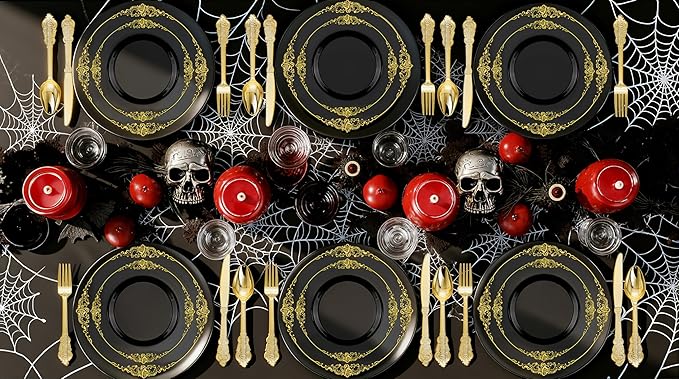Nervure 350PCS Black Plastic Plates - Black Plastic Dinnerware Sets for 50 Gu...