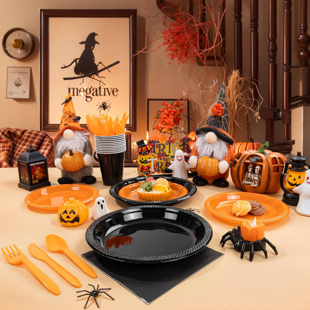 LUODA MirthMood 350PCS black and orange Plastic Plates,Black Disposable Plate...