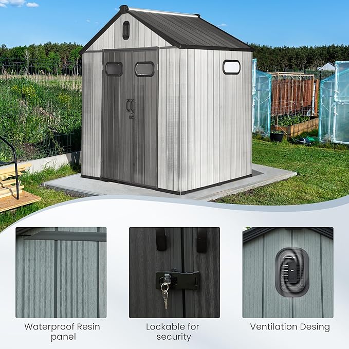 Domi 6x6 FT Outdoor Resin Storage Shed, All-Weather Double-Wall Storage Building