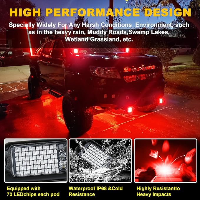 Nicoko 4Pods Pure Red LED Rock Lights 72 pcs LEDs high Power Rock Lights Neon
