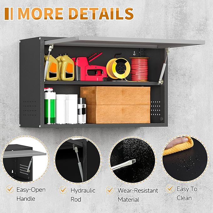 Metal Garage Wall Cabinet with Up-Flip Door, Float Tool Cabenit with Adjustable