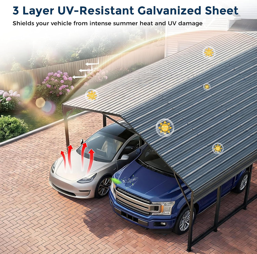 20x40FT Extra Large Heavy Duty Metal Carport 132° Steep Anti-Pooling Roof