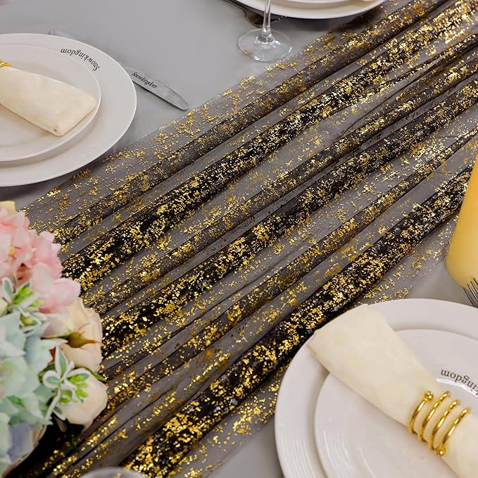 Snowkingdom 6 Pcs Black & Gold Cheesecloth Table Runner 10 FT, Sheer Chif...