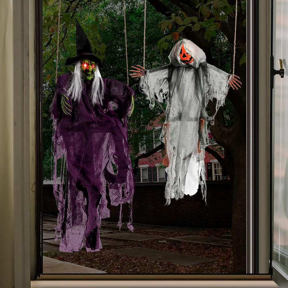 JOYIN 2 Pcs Halloween Hanging Swinging Ghosts Decorations Outdoor, Witch and ...