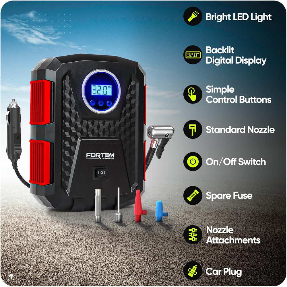 FORTEM Tire Inflator Portable Air Compressor - Air Pump for Tires & Bikes
