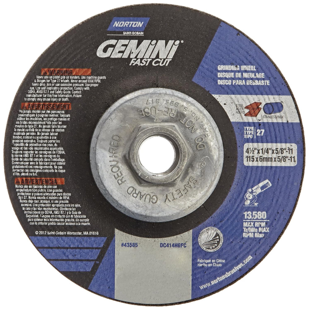 Norton Abrasives Grinding Wheel, Gemini Fast Cut Grinding Wheel, 4 1/2 for Ri...