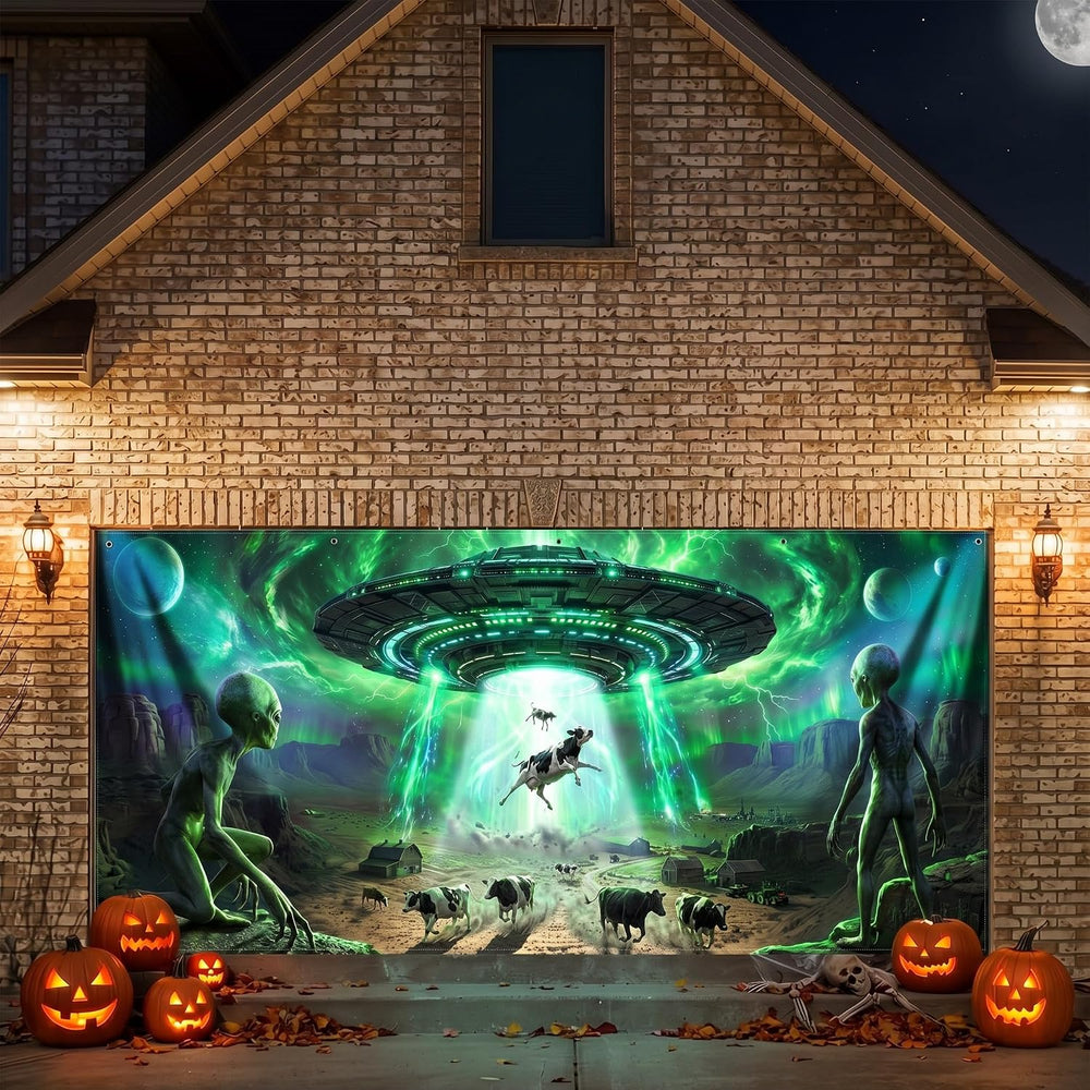 Preboun Alien Abduction Halloween Garage Door Decoration Ufo Cow, 7 x 16 ft