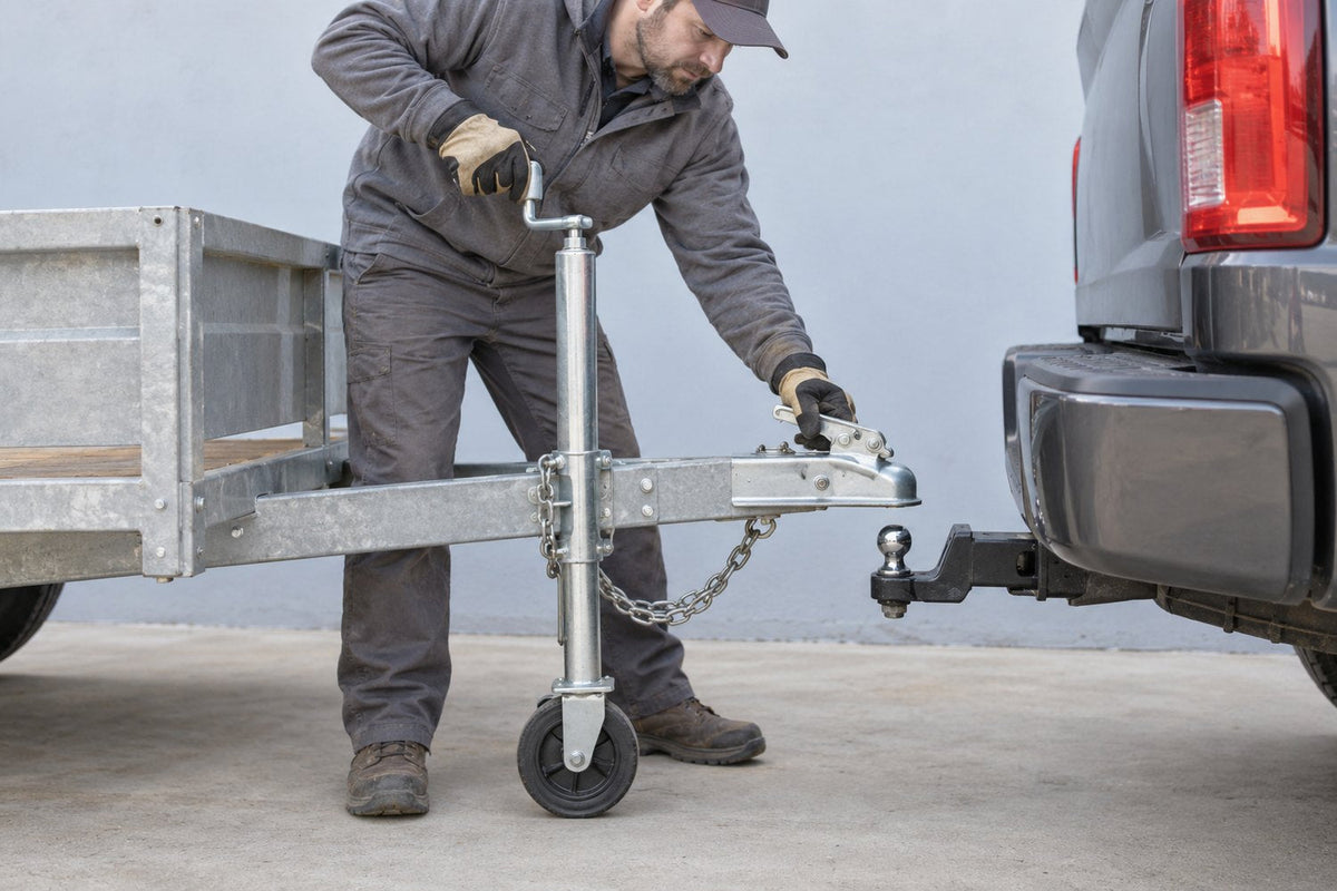 A person lowering a trailer tongue onto a pickup hitch ball