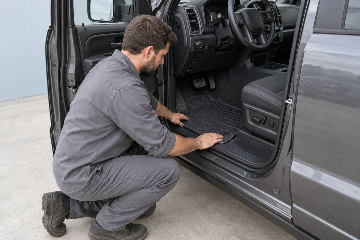 A person fitting a floor mat into a pickup footwell