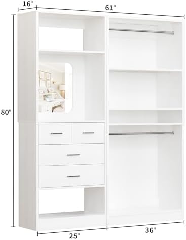 Unikito 61" Closet System, Heavy Duty Wood Closet Organizer with 2 Hangi...
