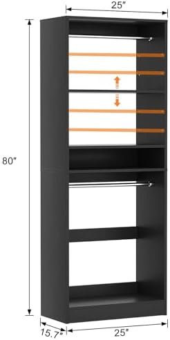 Unikito 25" Closet Organizer System with Hanging Rods and Shelves, Black