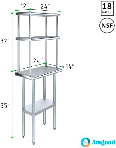 AmGood 14 in. x 24 in. Stainless Steel Work Table with Double Tier Overshelf ...