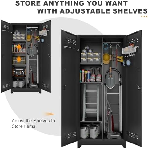 Metal Locking Cabinet, 72.8" Tall Storage Cabinet for Broom, Garage Stor...