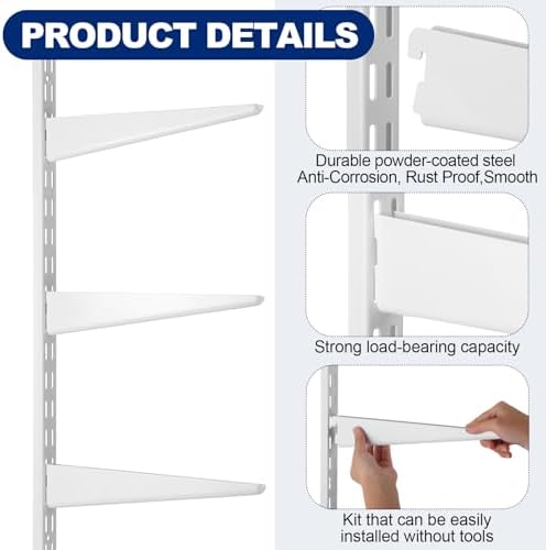 Colingmill 8 Pcs White Twin Rail Upright Wall Shelving System 25 Inch with Ad...