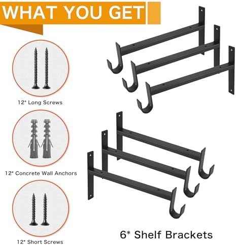 EZYDECOR Closet Rod Bracket Shelf Brackets with Hook Black 12 Inch 6 Pack