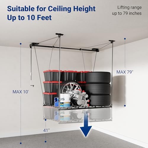 FLEXIMOUNTS Garage Lifting Metal Rack, 4x4 Ft Overhead Garage Storage Racks, ...