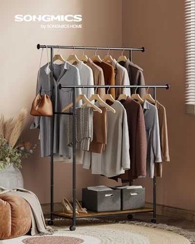 SONGMICS Clothes Rack with Wheels, Steel Garment Rack with Shelf