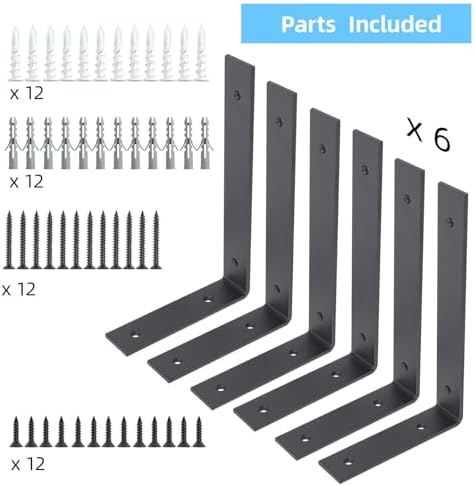 6-Pack Heavy Duty 12-Inch Black Shelf Brackets, L Shelf Bracket 12 Inch for F...