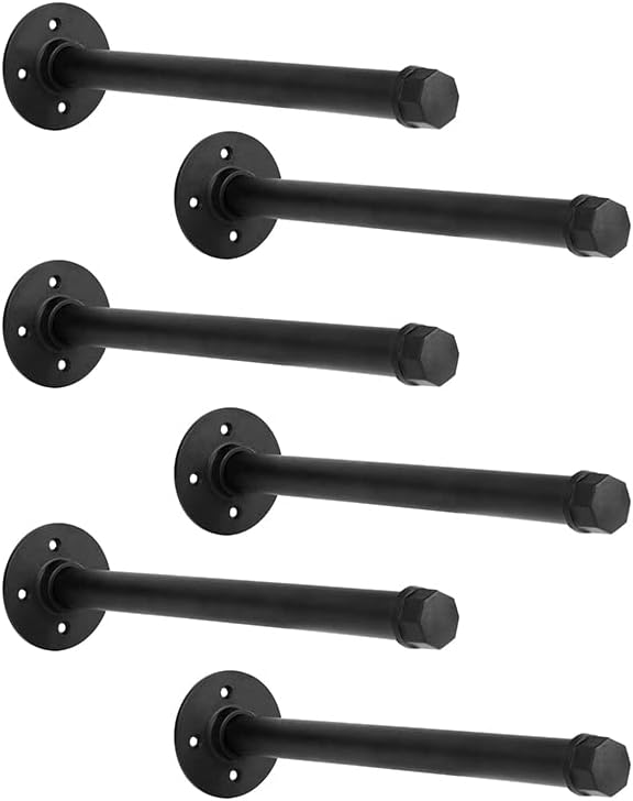 8 Inch Industrial Pipe Shelf Brackets Set of 6, Black Wall Shelving
