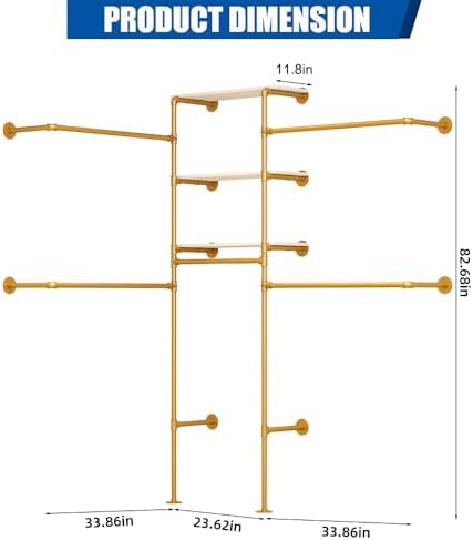 KaKaBB Heavy Duty Gold Pipe Clothing Rack - Wall Mounted Industrial Clothes R...