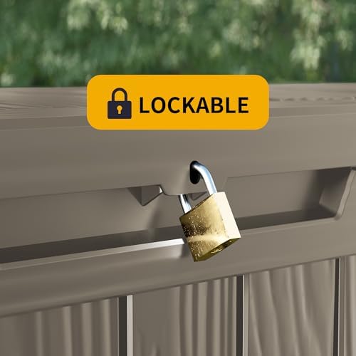 Outdoor Storage Box Waterproof, 200 Gallon Lockable Resin Large Deck Box, Pat...
