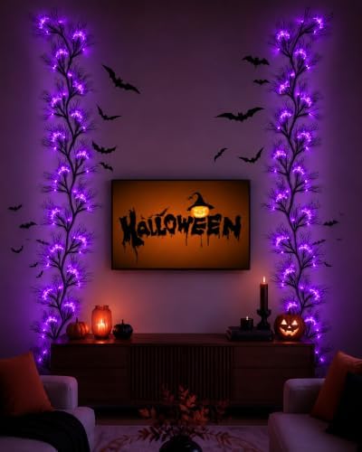 9 FT Halloween Twig Garland Decoration with 66 Purple LED Lights