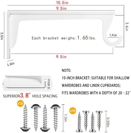 10inch Closet Rod Support Bracket Heavy Duty 400lbs (4pack White )