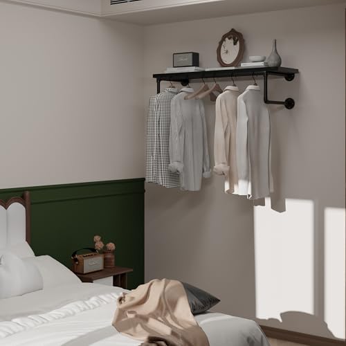 Clothes Rack 36in, Wall Mounted Garment Racks with Real Black Wood Shelf, Hea...