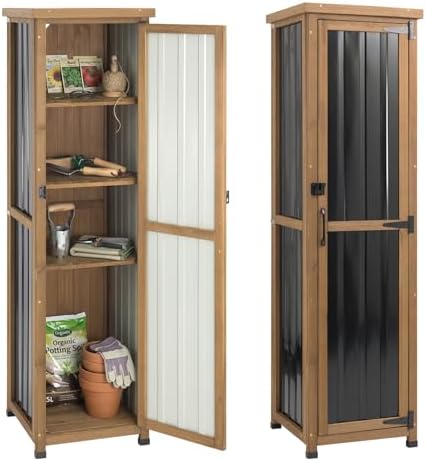 Tall Outdoor Storage Cabinet, Weatherproof Wooden Garden Potting Bench with Metal Top & Adjustable Shelves, Outdoor Patio Cabinets Work Station for Balcony, Pool, Garage