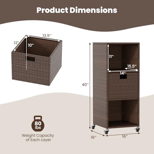 Tangkula Rattan Outdoor Storage Cabinet with 4 Wheels, Mix Brown