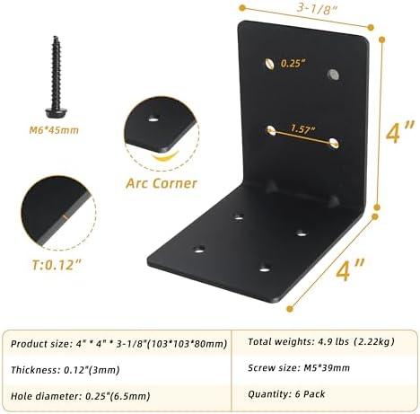 6-Pack 4"x4"x3-1/8 Heavy Duty Steel Corner Bracket, L Right Angle B...