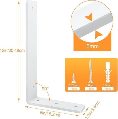 White Floating Shelf Bracket 12 Inch, 6 Pack Heavy Duty Shelf Brackets, Wall ...