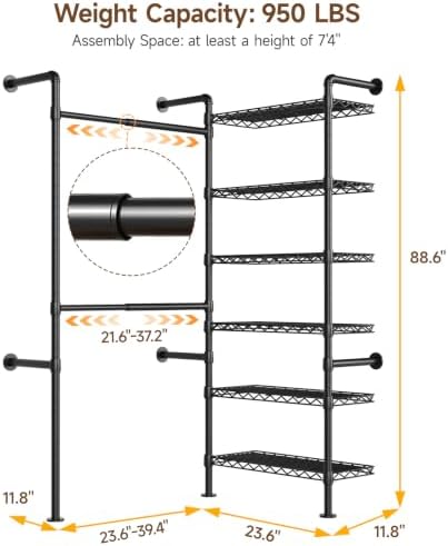 ONBRILL L2 Wall Mounted Closet System, Industrial Pipe Clothing Rack, Black