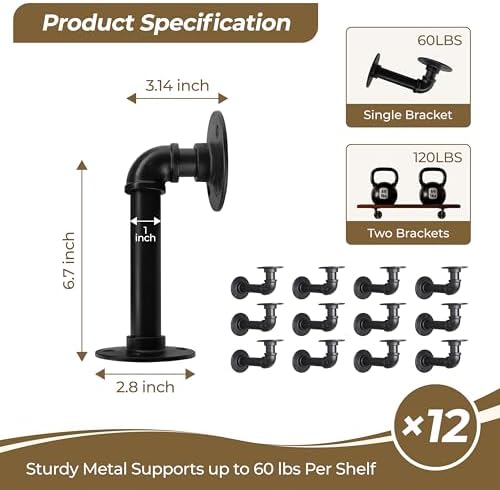 Industrial L Pipe Shelf Brackets for 7-14 in Depth Wood,6.7In 12 Pack