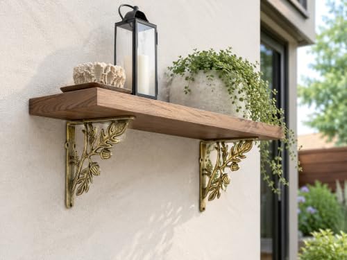 NACH Decorative Shelf Brackets, 4 Pack of 7 x 1.8 x 7 inch, Gold Cast Iron Ru...