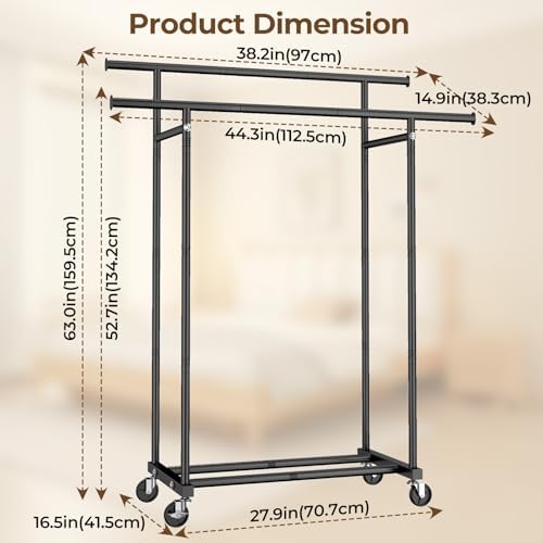 HYSEYY Double Rods Clothes Rack, Rolling Clothing Rack for Hanging Clothes Po...