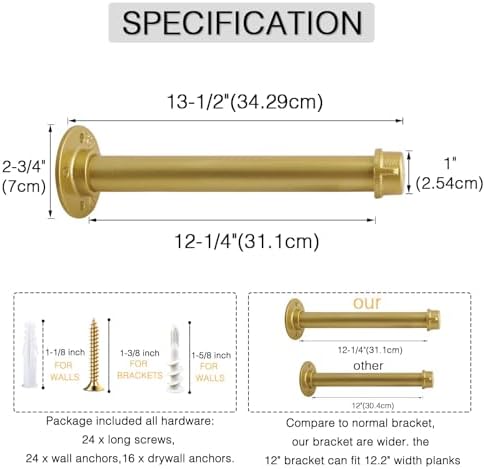 OVOV Gold Industrial Pipe Shelf Brackets Heavy Duty 12 Inch 4 Pack