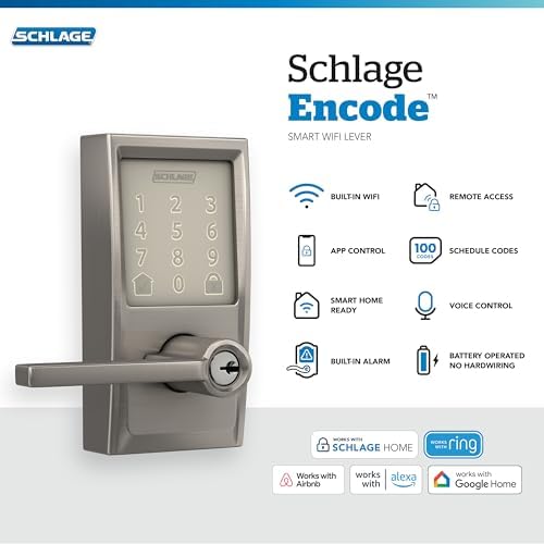 Schlage Encode Smart WiFi Lock, Lever Handle, Camelot Trim, Satin Nickel