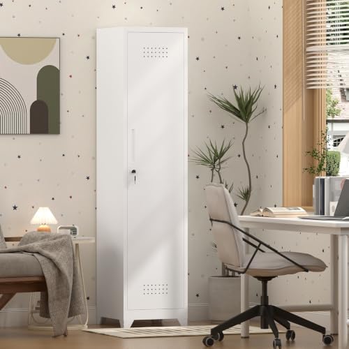 Slim Broom Storage Cabinets, Metal Cabinet with Shelves and Hanging Rod, 15.7...